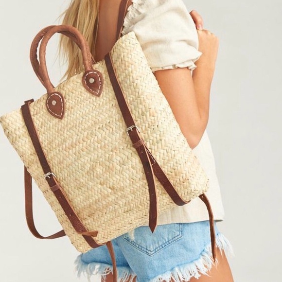 Woven Straw Backpack with Leather Straps - Picture 5 of 5